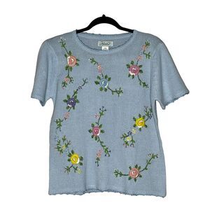 vintage Haband Size M Light Blue 1990s floral embroidered short sleeve sweater